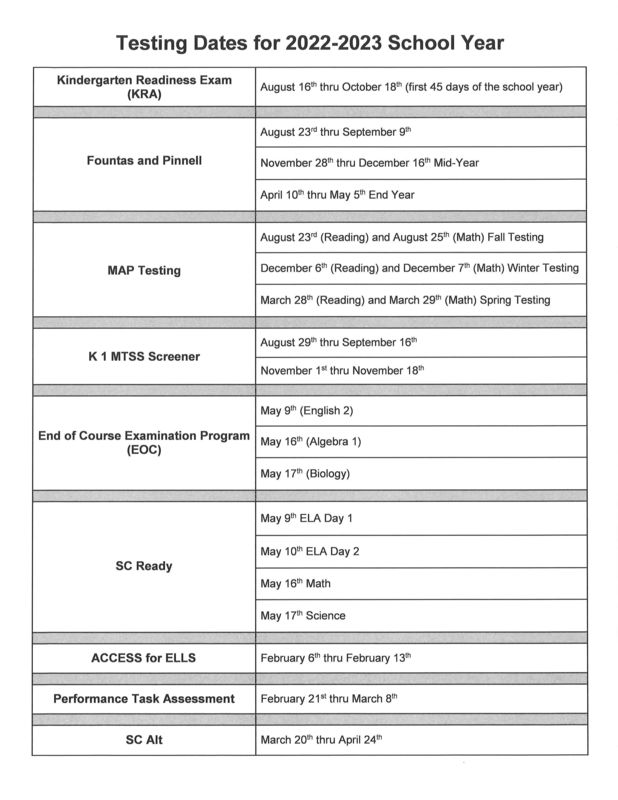 Click to View the 20222023 Testing Schedule Thornwell Charter School